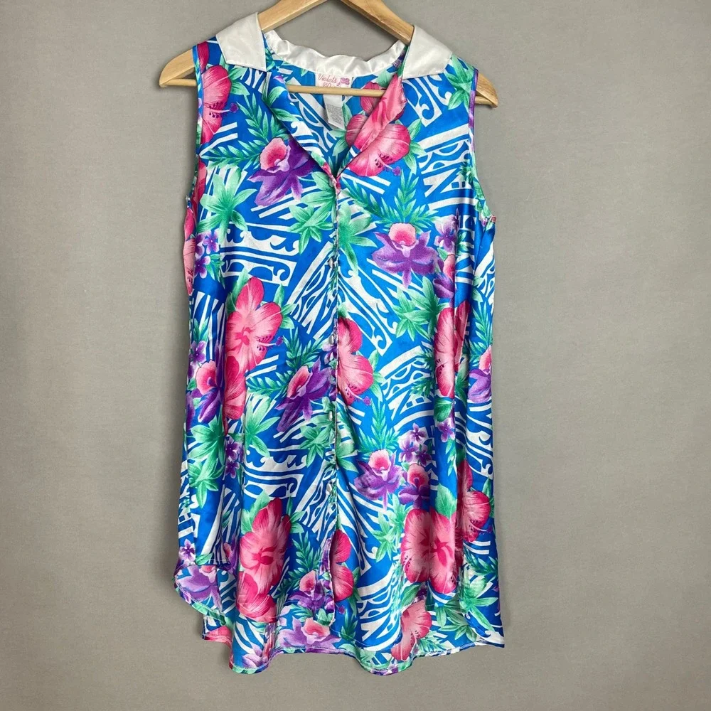 Vintage‎ Floral Blouse Satin Tropical Button-Up Sleeveless Size Small Blue Pink